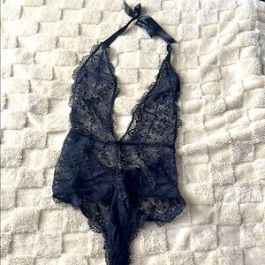Sexy Black Floral Deep Plunge Lace Teddy Bodysuit Lingerie M
